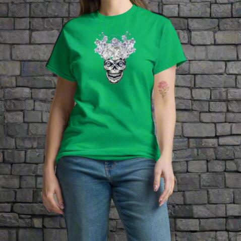 White floral Skull with blue eyes, Unisex T-Shirt