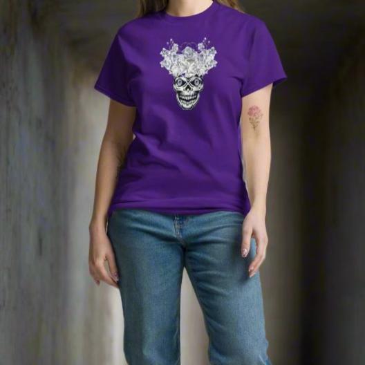 White floral Skull with blue eyes, Unisex T-Shirt