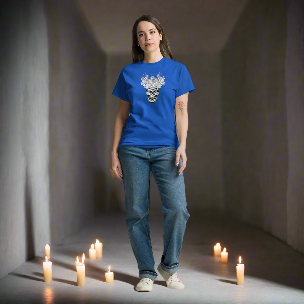 White floral Skull with blue eyes, Unisex T-Shirt