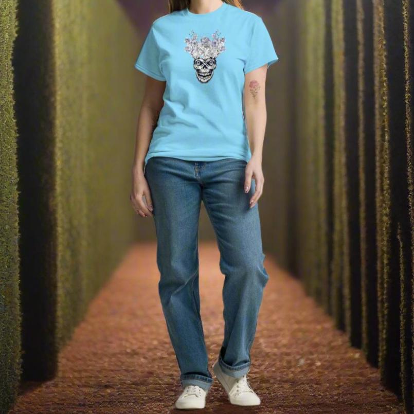 White floral Skull with blue eyes, Unisex T-Shirt