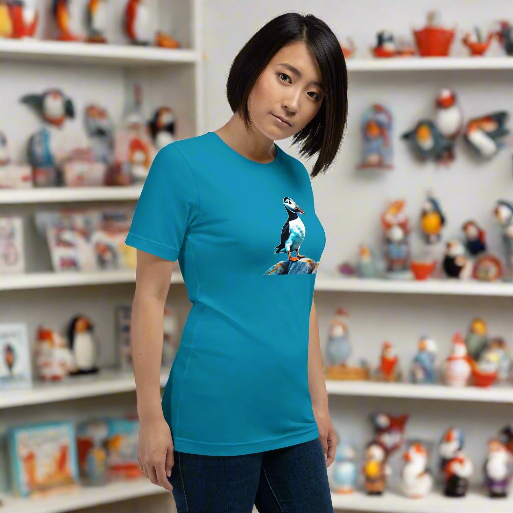 Puffin standing on a rock. Unisex t-shirt