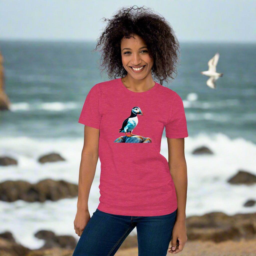 Puffin standing on a rock. Unisex t-shirt