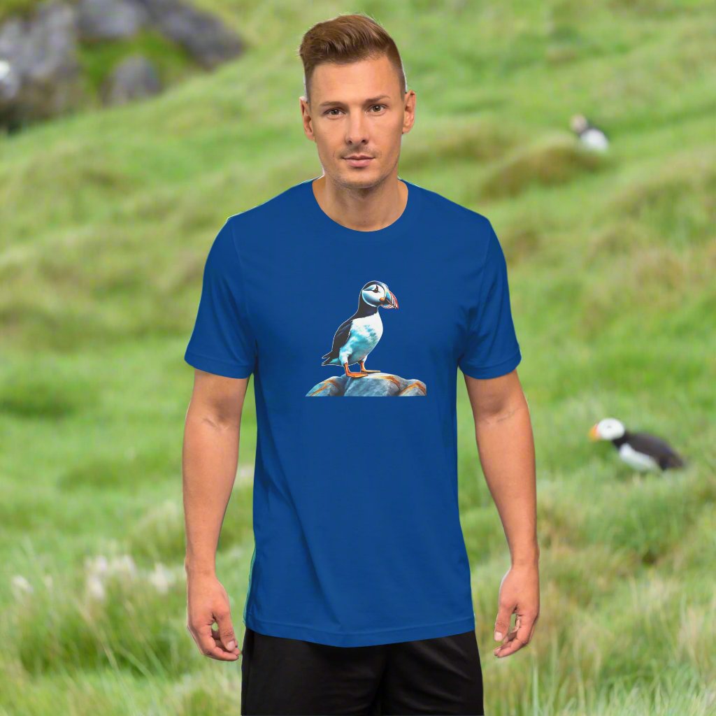 Puffin standing on a rock. Unisex t-shirt